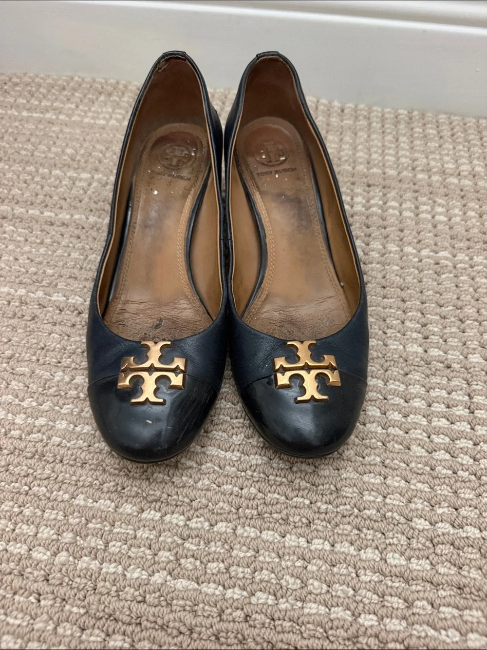 Tory Burch Black Leather stack heel with Gold Logo Plaque